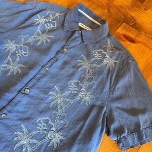 Tommy Bahama Mens Blue 100% Silk Embroidered Palm Tree Camp Shirt Medium A12